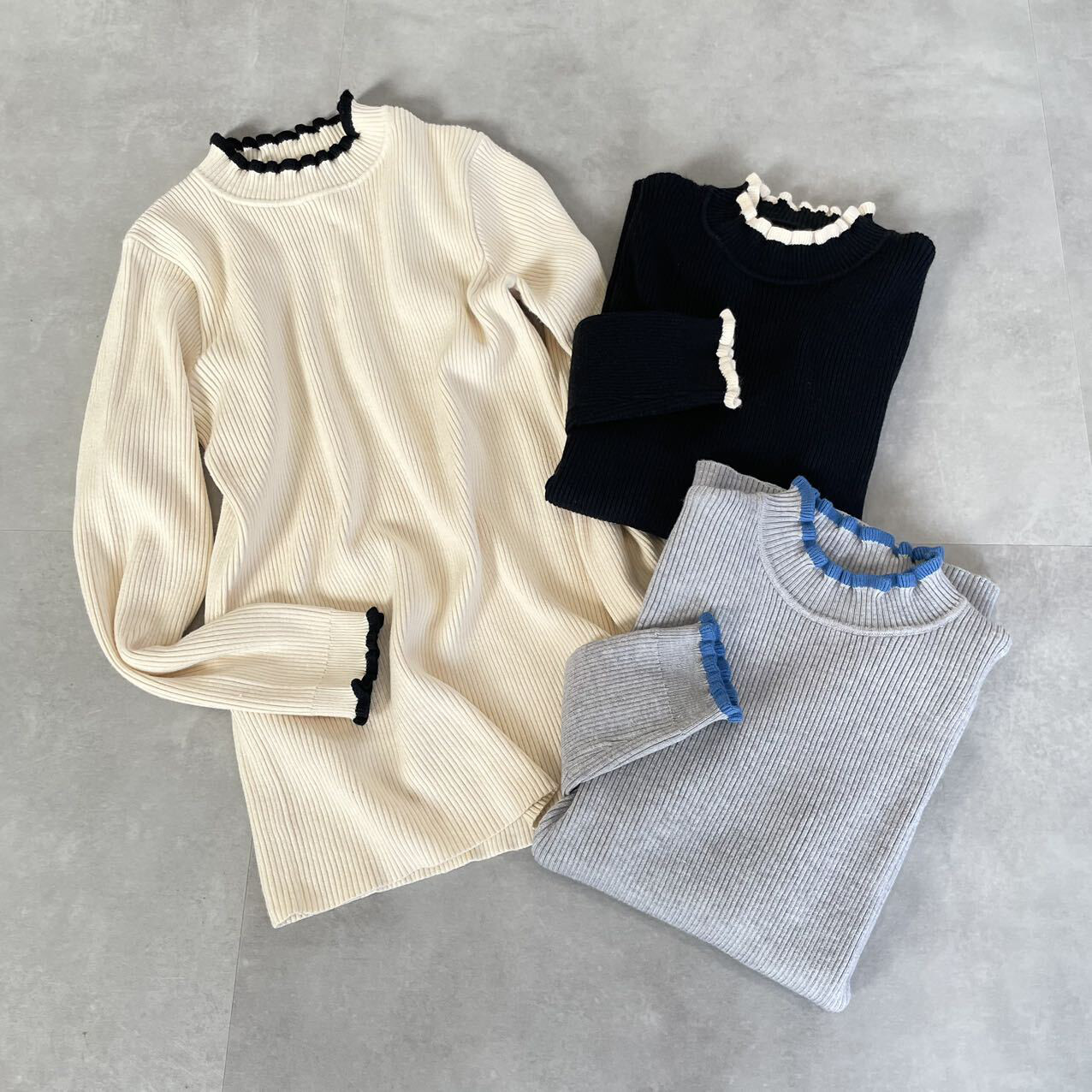 【3枚セット】小柄S♡温活あったかチクチクしない♡配色バイカラーフリルリブニット 3色 黒■KMC-759 579460