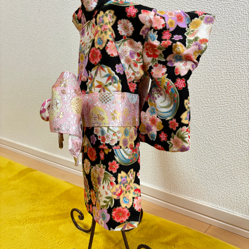 ☆新作犬服⭐︎ つまみ細工帯飾り付き 犬用着物 女の子用 ブラック 華