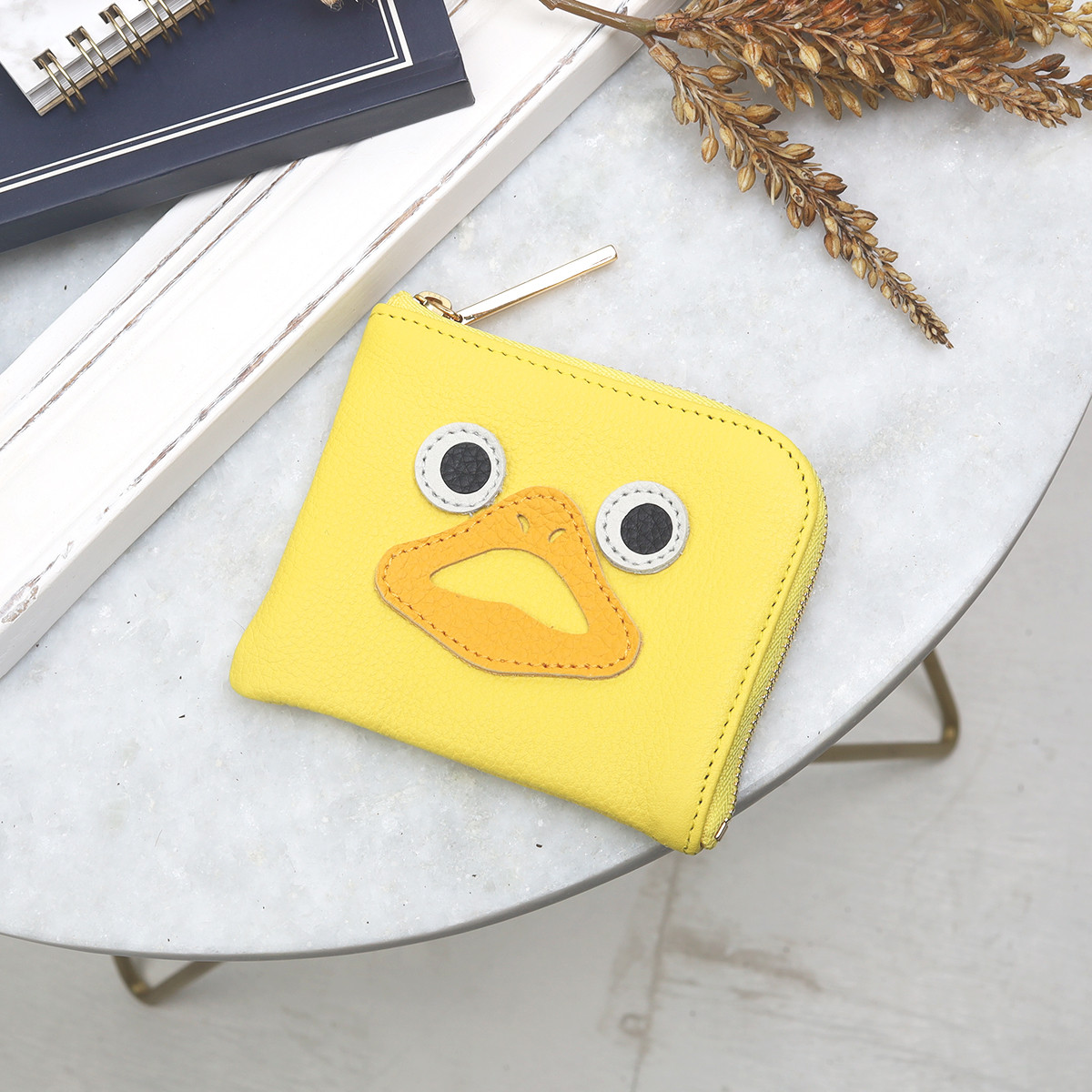 【レモン/ダック】高級感のある薄くて軽い/思わず誰かに見せたくなるダックL字ミニ財布/コンパクト財布