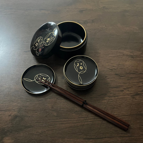 象彦 久美皿 蓋物付き 銘々皿 6枚組 昭和期 漆器（和菓子皿