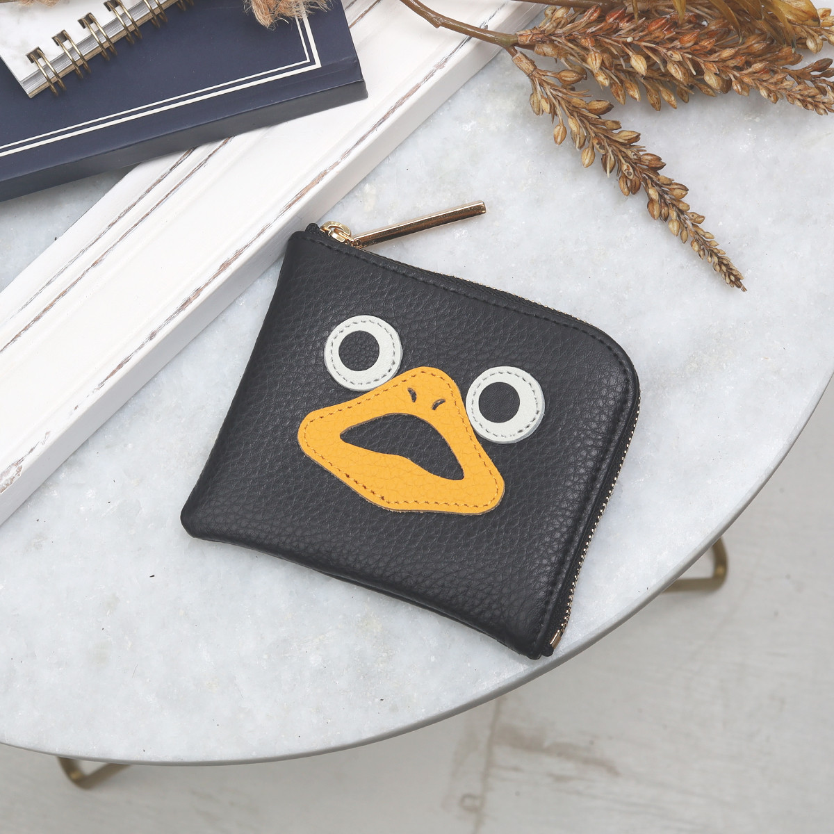 【ブラック/ダック】高級感のある薄くて軽い/思わず誰かに見せたくなるダックL字ミニ財布/コンパクト財布