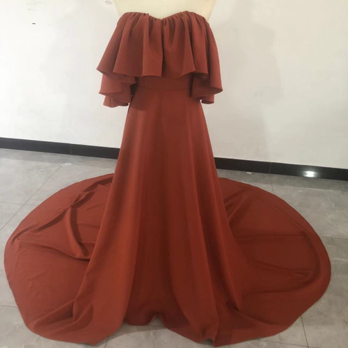 カラードレス テラコッタ色 オフショルダー ロングトレーン 優雅な  