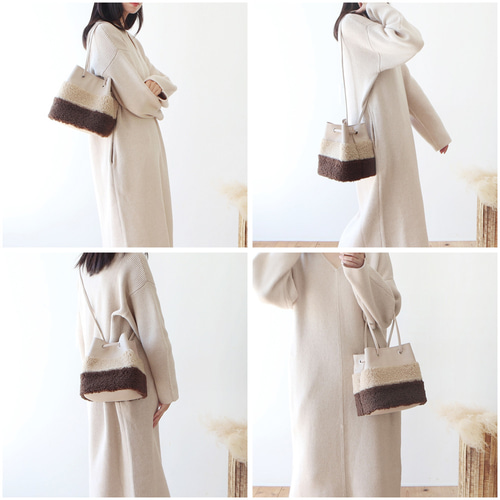 3WAY巾着バッグ｜PUxボア【ヌードxベージュxチョコ】長財布｜軽量