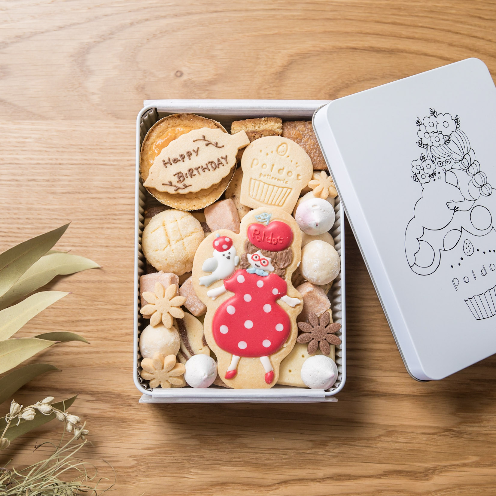 ポルカとドットのお菓子な世界缶withメッセージ 贈り物 クッキー缶 アイシングクッキー ギフト 可愛い