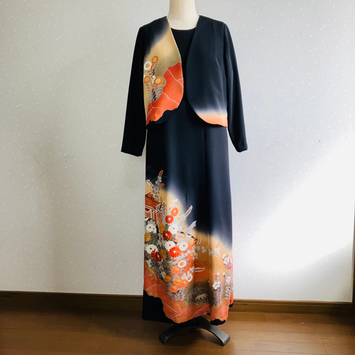 No.137留袖ドレスノースリーブワンピースとボレロ直線11号M〜L着物