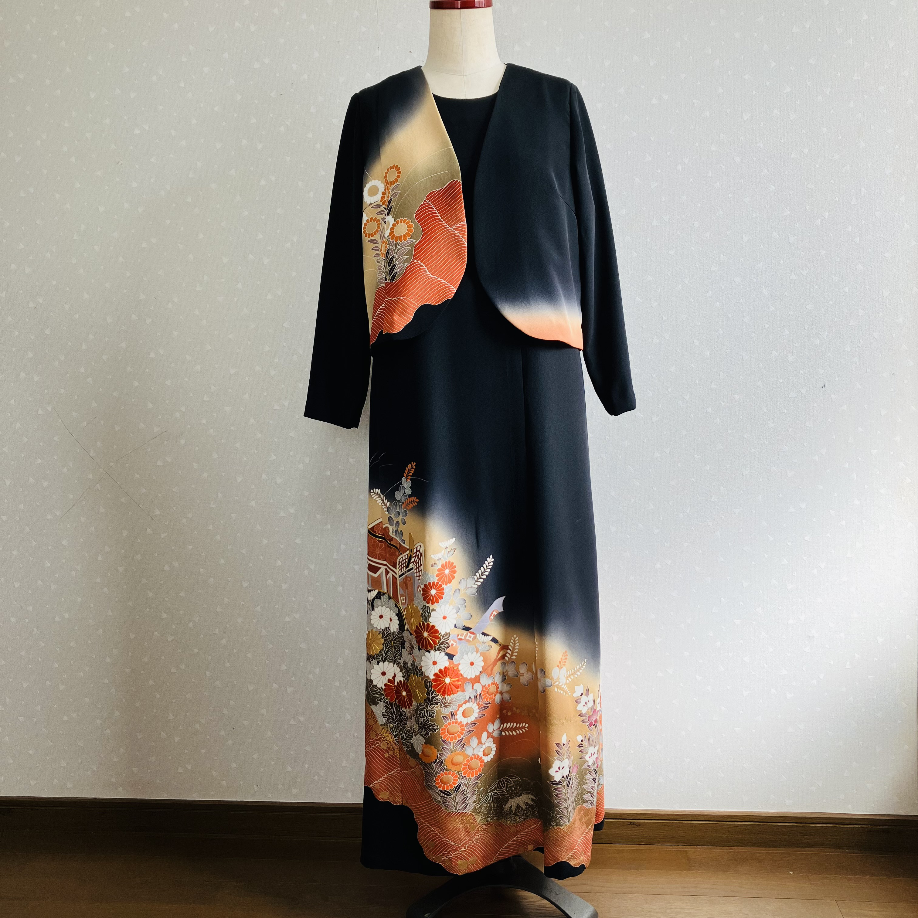 No.148ノースリーブワンピースとボレロ11号M〜L着物リメイク値下げ No.137留袖ドレスノースリーブワンピースとボレロ直線11号M〜L着物