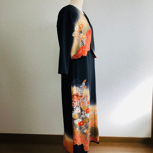 No.137留袖ドレスノースリーブワンピースとボレロ直線11号M〜L着物