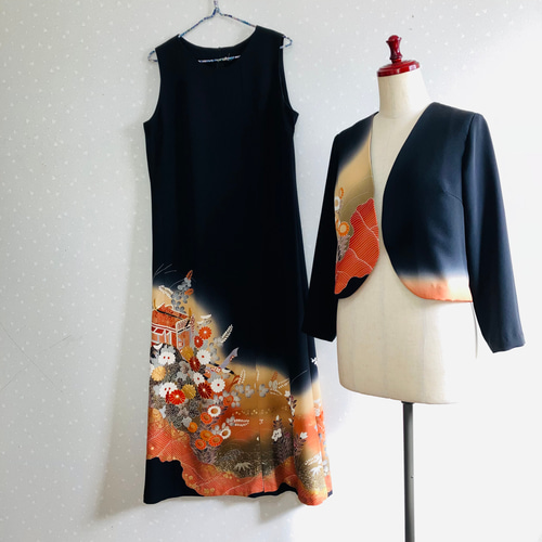 No.137留袖ドレスノースリーブワンピースとボレロ直線11号M〜L着物