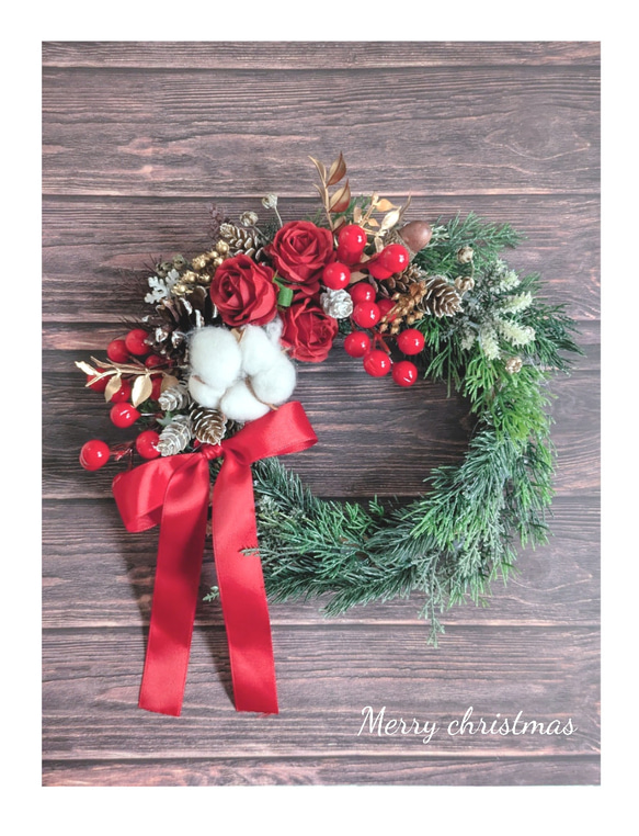 クリスマスリース 赤いバラとリボン付き 送料無料】クリスマスリース 赤いリボンと赤いバラで アートフラワー