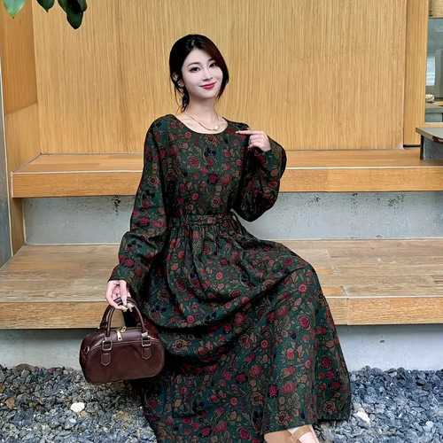 ワンピース大人 レディース 長袖 20~50代 花柄 ロング ビーチドレス