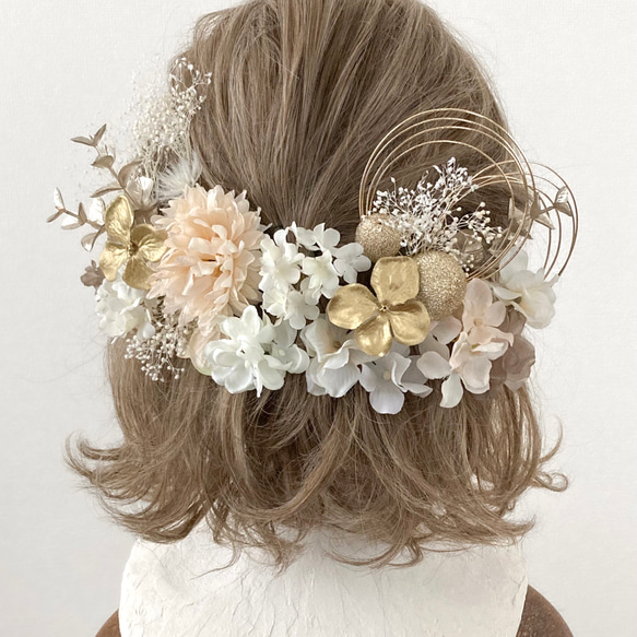【送料無料】成人式や卒業式、結婚式におすすめの髪飾りです【金箔付】・ゴールド・シャンパン・白・ボブ・ショート・和装・振袖 4枚目の画像