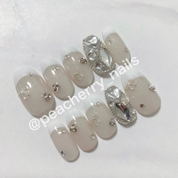 03))リボンネイル ネイルチップ 韓国ネイル フレンチガーリー シンプル