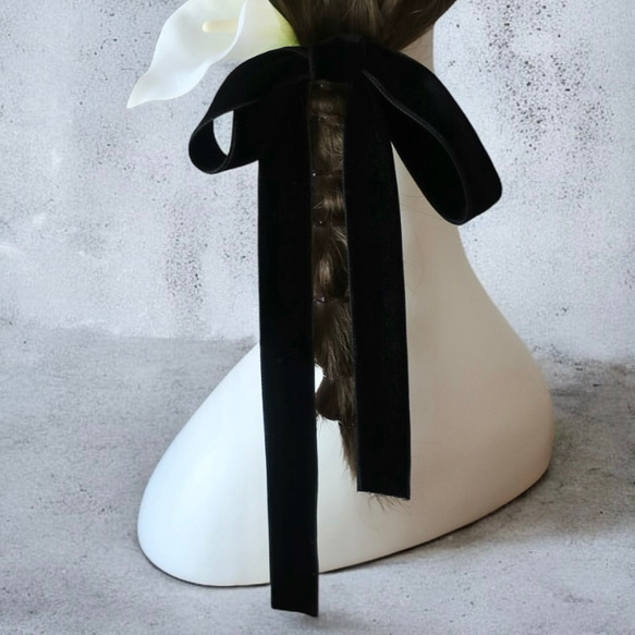 【金箔・水引追加◎】カラーの髪飾り+ベロアリボン〔ブラック〕/ヘアアクセサリー/ヘッドパーツ/ヘアパーツ 4枚目の画像