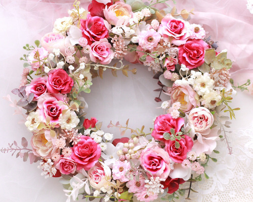 【SALE】ピンク＆パープル　フラワーリース　造花 SALE】ピンク＆パープル フラワーリース 造花