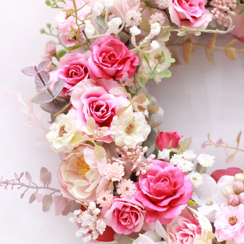 ピンクローズのフラワーリース アーティフィシャルフラワー 造花