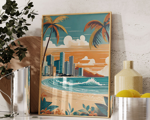 ハワイ アートポスター ワイキキ Hawaii 海 ビーチ アート イラスト