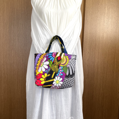 アフリカ布 個性的なカラフルパッチワークのミニトートバック