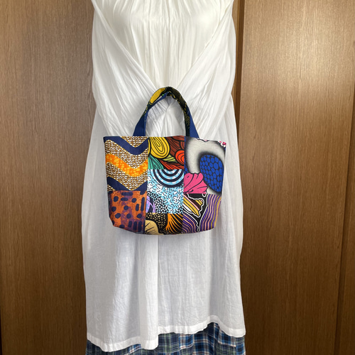 アフリカ布 個性的なカラフルパッチワークのミニトートバック