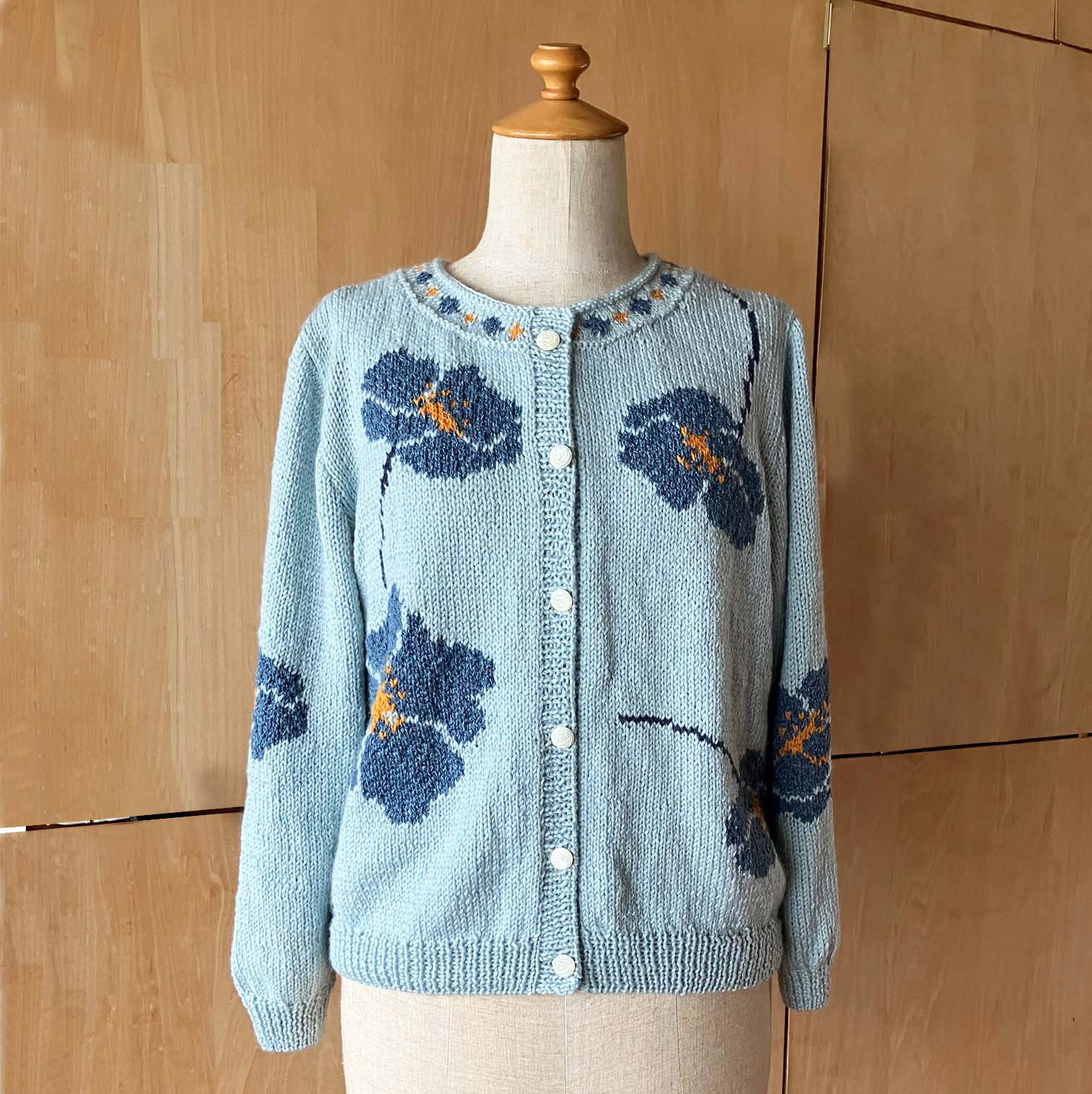 シルクウール　ポピー柄　編み込みカーディガン