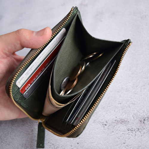 L字ファスナー財布 本革 ｲﾀﾘｱﾝﾚｻﾞｰ MossGreen モスグリーン その他ミニ