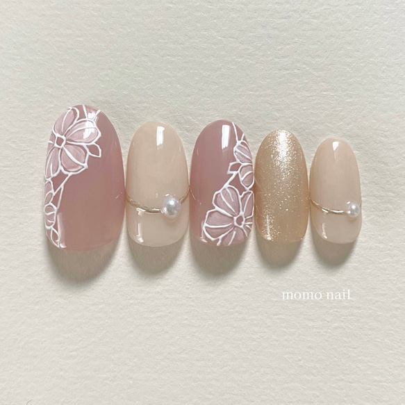 フラワーネイル 花柄 ピンク レース 綺麗め 結婚式 ブライダル