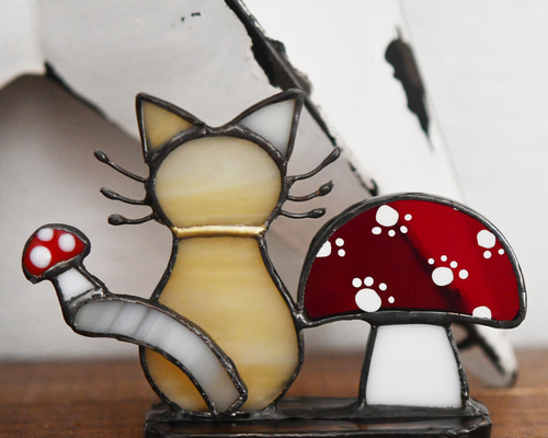 ステンドグラス 秋です ネコとキノコ その他インテリア雑貨 もえくる