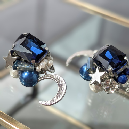 月と星 夜空に輝くピアス/イヤリング シルバー ビジューピアス ピアス