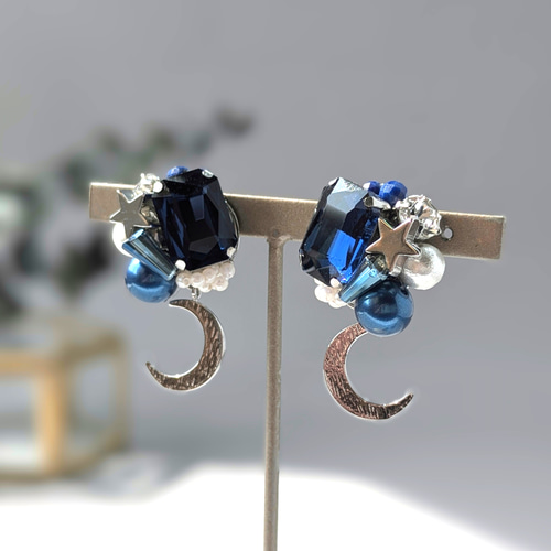 月と星 夜空に輝くピアス/イヤリング シルバー ビジューピアス ピアス