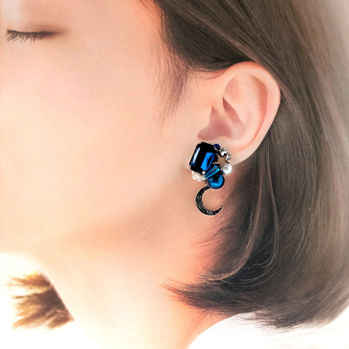 月と星 夜空に輝くピアス/イヤリング シルバー ビジューピアス ピアス
