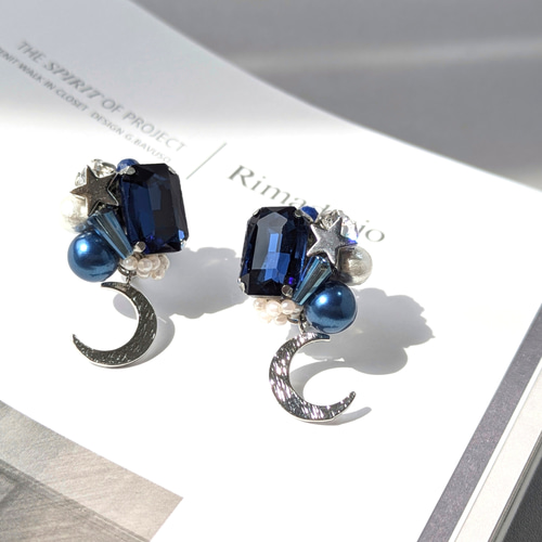 月と星 夜空に輝くピアス/イヤリング シルバー ビジューピアス ピアス