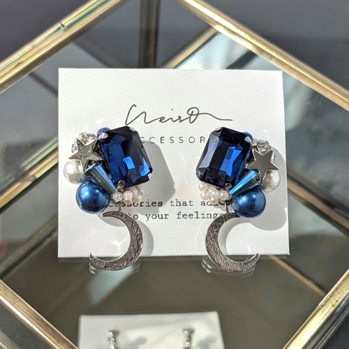 月と星 夜空に輝くピアス/イヤリング シルバー ビジューピアス ピアス