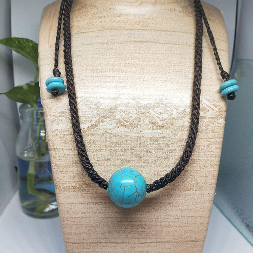 H-94】ターコイズ 大玉20mm シンプル マクラメネックレス（練or染