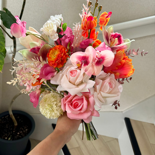 オレンジ&ピンクの暖色系ブーケ ウェディングブーケ ブーケ 造花ブーケ