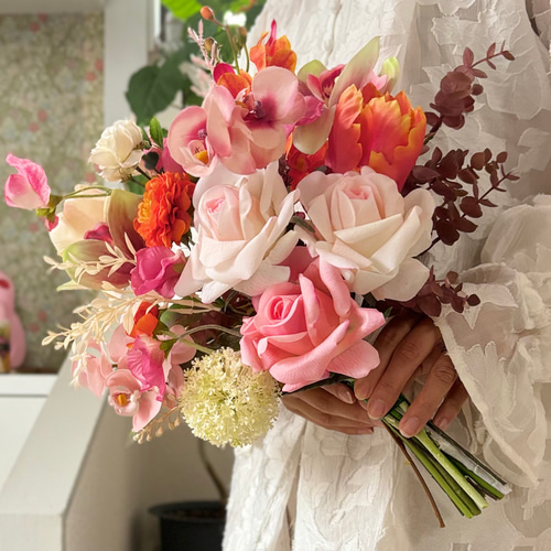 オレンジ&ピンクの暖色系ブーケ ウェディングブーケ ブーケ 造花ブーケ