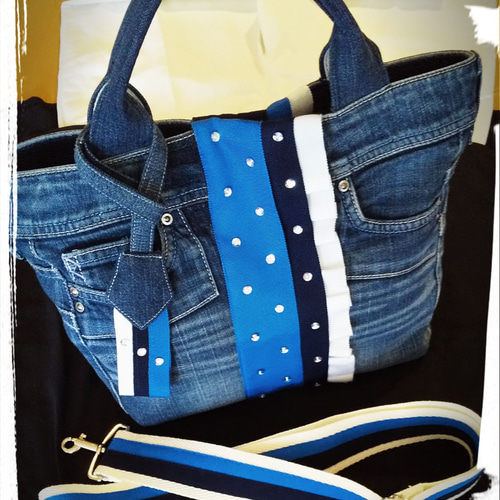 リメイクデニムトートバッグ 濃い青 トートバッグ 大きめサイズ リメイクデニム ジーンズ 内ポケット