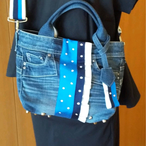 ミント　リメイクデニムバッグ①トートバッグ②ボディバッグ デニムリメイク トートバッグ Lサイズ #デニムリメイク #トート
