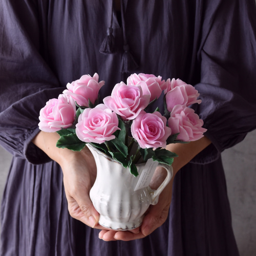 ◇粘土のお花◇ 薔薇 ピンク フラワーピッチャー・・・B1076 アート