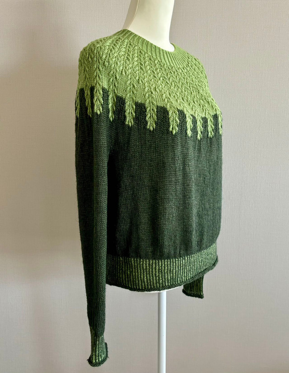 手編み ツートンニット (グリーン) 1枚目の画像