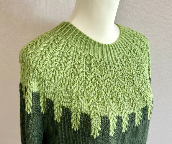 手編み ツートンニット (グリーン) 2枚目の画像