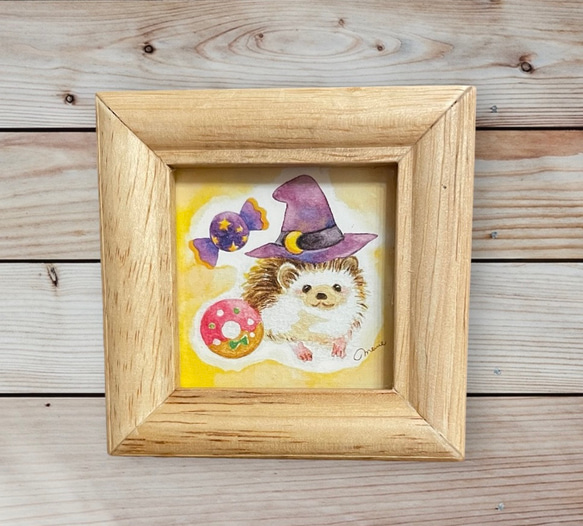 ミニ額イラスト［魔女ハリネズミ］手描き 複製画 水彩イラスト