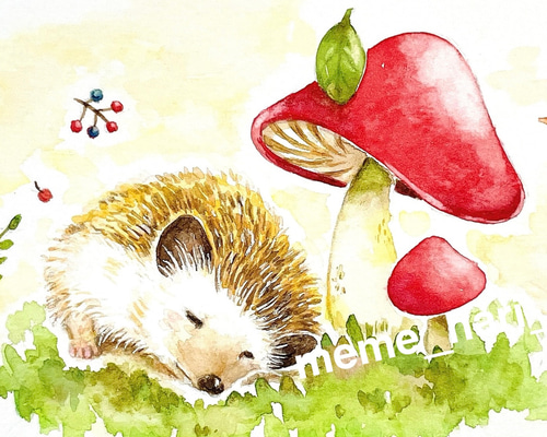 ポストカード［きのことハリネズミ］水彩イラスト 手描き ポストカード