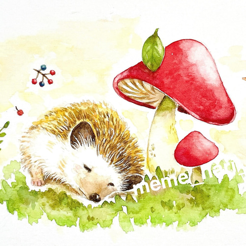 ポストカード［きのことハリネズミ］水彩イラスト 手描き ポストカード