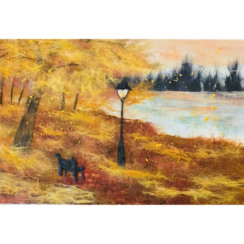 和紙ちぎり絵『秋の湖畔の公園』葉書サイズ原画 切り絵 彩紘工房