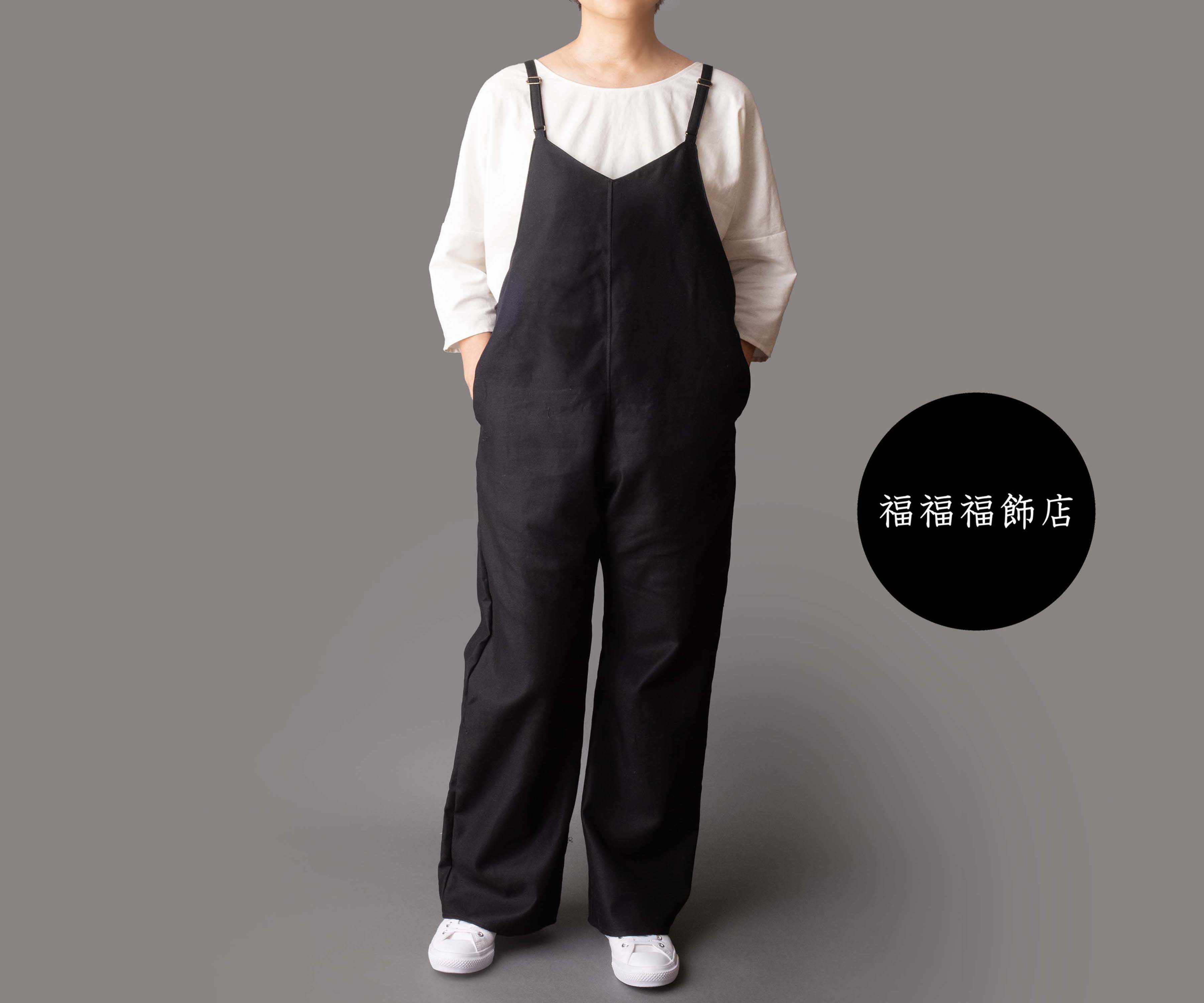 【姿の美しいサロペットパンツ】コットン　ストレート　オールシーズン　ブラック