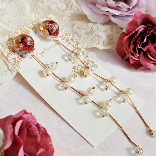 チェーン取り外し可能な2way☆薔薇とパールのピアス・イヤリング(金属 