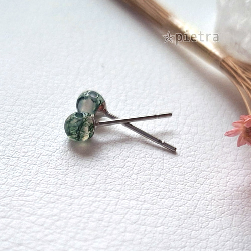 再販］モスアゲートの1玉ピアス 天然石/4mm/瑪瑙/シンプル/緑