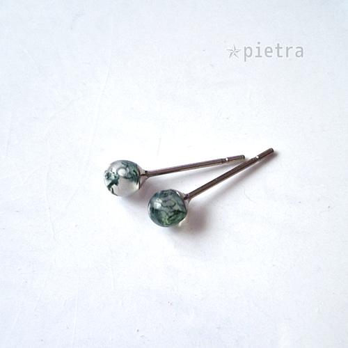 再販］モスアゲートの1玉ピアス 天然石/4mm/瑪瑙/シンプル/緑