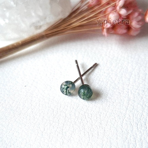 再販］モスアゲートの1玉ピアス 天然石/4mm/瑪瑙/シンプル/緑