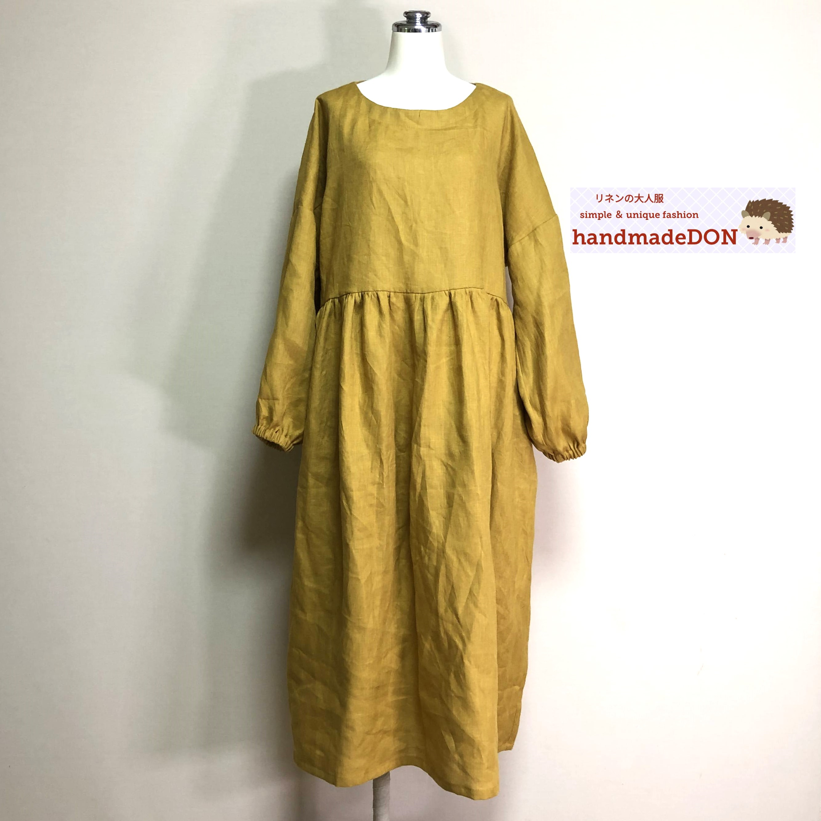 カラーリネン◆ふんわり袖のギャザーワンピース◆マスタード◆フリーサイズ（中厚、リネン100％）