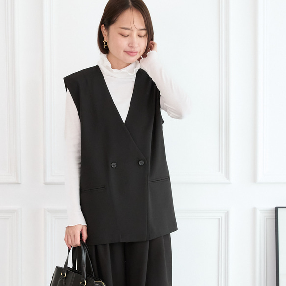【洗える】エアリーな着こなし バックスリット デザイン ジレ　ブラック　0659BK 1枚目の画像
